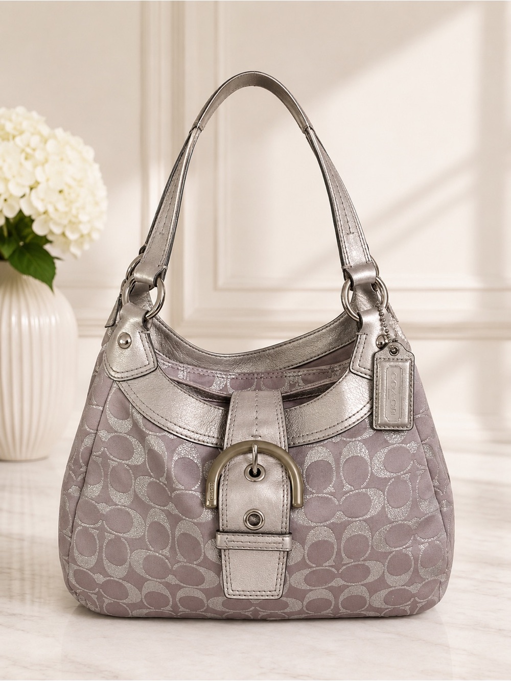 Vintage Y2K Coach Silver Signature Jacquard Buckle Hobo Shoulder Bag F18911